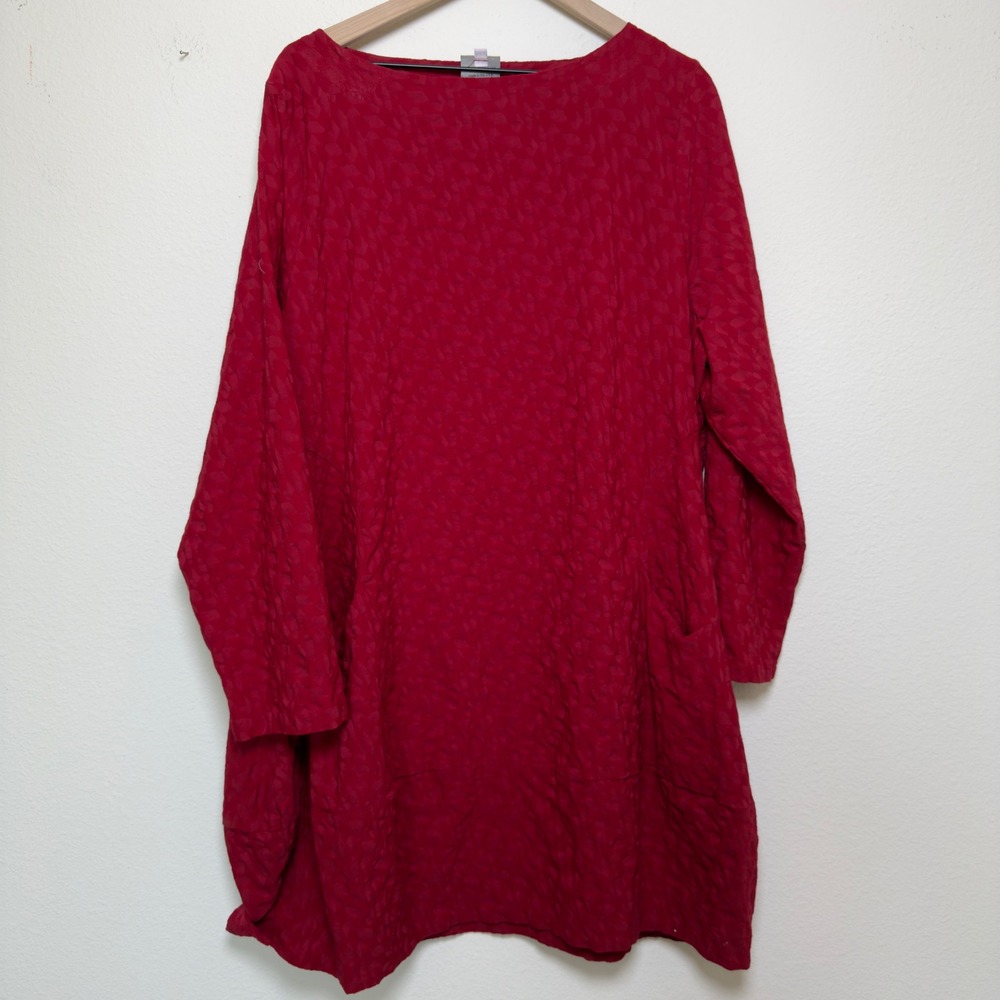 Niche Women Tunic Dress 2X Red Textured Geometric Lagenlook Long Sleeve Pocket